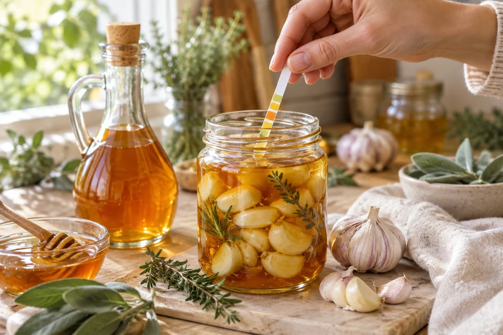 Main trempant une bandelette de pH dans un bocal d’ail au miel, flacon de vinaigre de cidre à côté