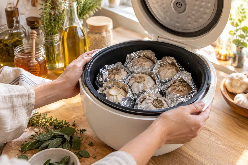 Têtes d’ail emballées dans du papier aluminium dans la cuve d’un cuiseur à riz pour préparer l’ail noir