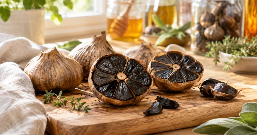 Ail noir maison : têtes coupées en deux aux gousses noires et moelleuses sur une planche en bois