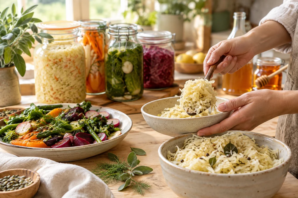 Mains servant une portion de choucroute crue, bocaux de légumes lactofermentés en arrière-plan