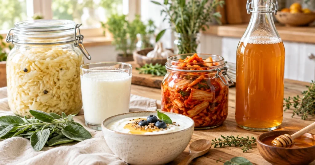 Probiotiques naturels : yaourt, kéfir, choucroute crue, kimchi et kombucha réunis sur une table en bois