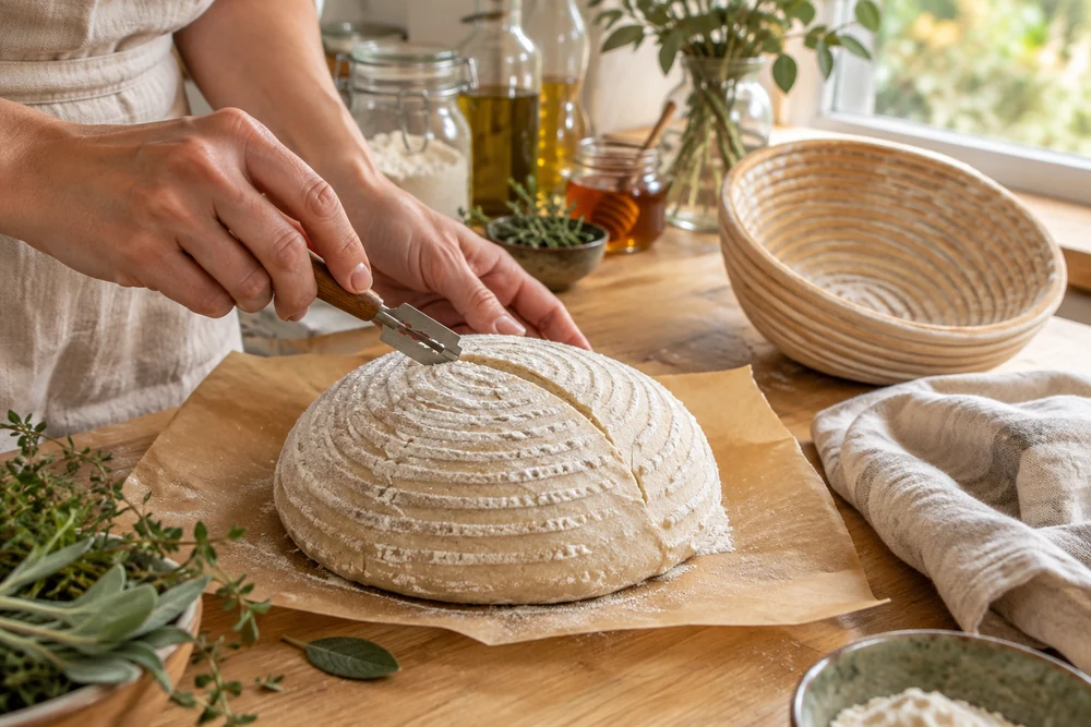 Pâton démoulé d’un banneton en rotin avec ses spirales de farine, prêt à être grigné à la lame