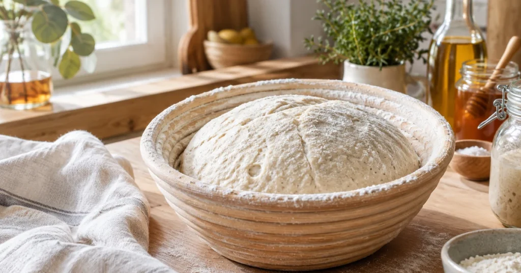 Banneton rond en rotin fariné avec une boule de pâte au levain qui lève sur un plan de travail en bois