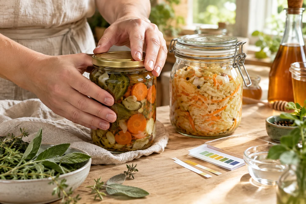 Mains vérifiant le couvercle d’un bocal de conserve maison, bandelettes de pH et légumes lactofermentés à côté