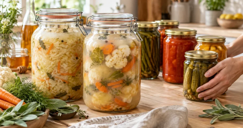Botulisme et fermentation : bocaux de légumes lactofermentés en saumure à côté de conserves maison stérilisées