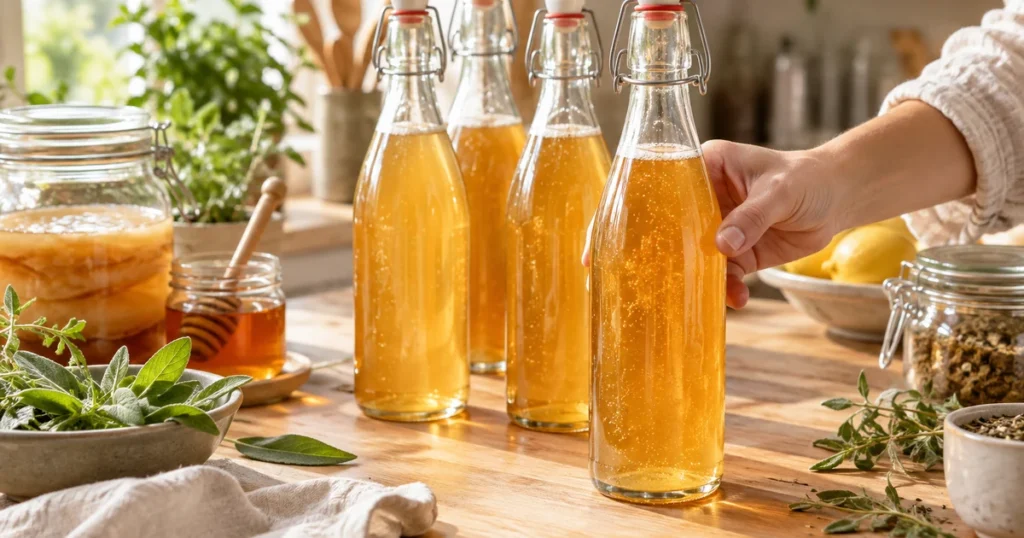 Bouteille limonade à bouchon mécanique remplie de kombucha pétillant, à côté d’autres bouteilles en verre épais