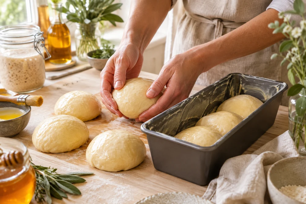 Façonnage d’une brioche au levain : boules de pâte serrées disposées dans un moule à cake beurré
