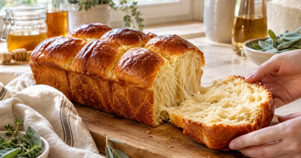 Brioche au levain maison à boules, croûte dorée et tranche à la mie filante posée sur une planche en bois