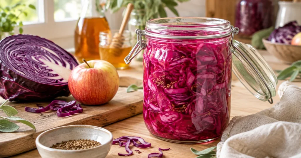 Chou rouge fermenté maison dans un bocal en verre, lanières magenta sous un jus rose vif, demi-chou à côté