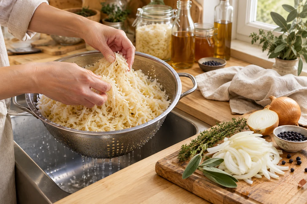Mains démêlant de la choucroute crue égouttée dans une passoire avant cuisson, oignons et genièvre à côté