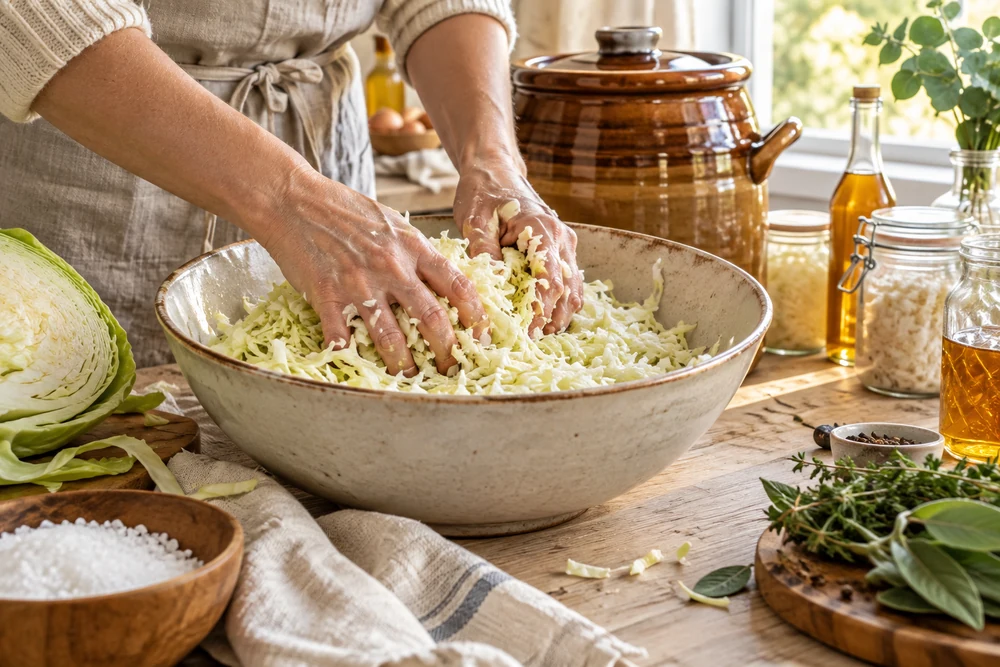 Mains massant du chou blanc émincé et salé dans un saladier pour une choucroute maison, pot en grès derrière