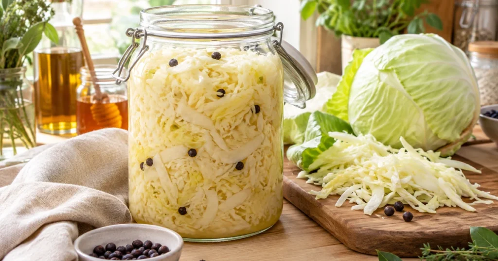 Choucroute maison crue tassée dans un bocal en verre avec baies de genièvre, à côté d’un chou blanc entier