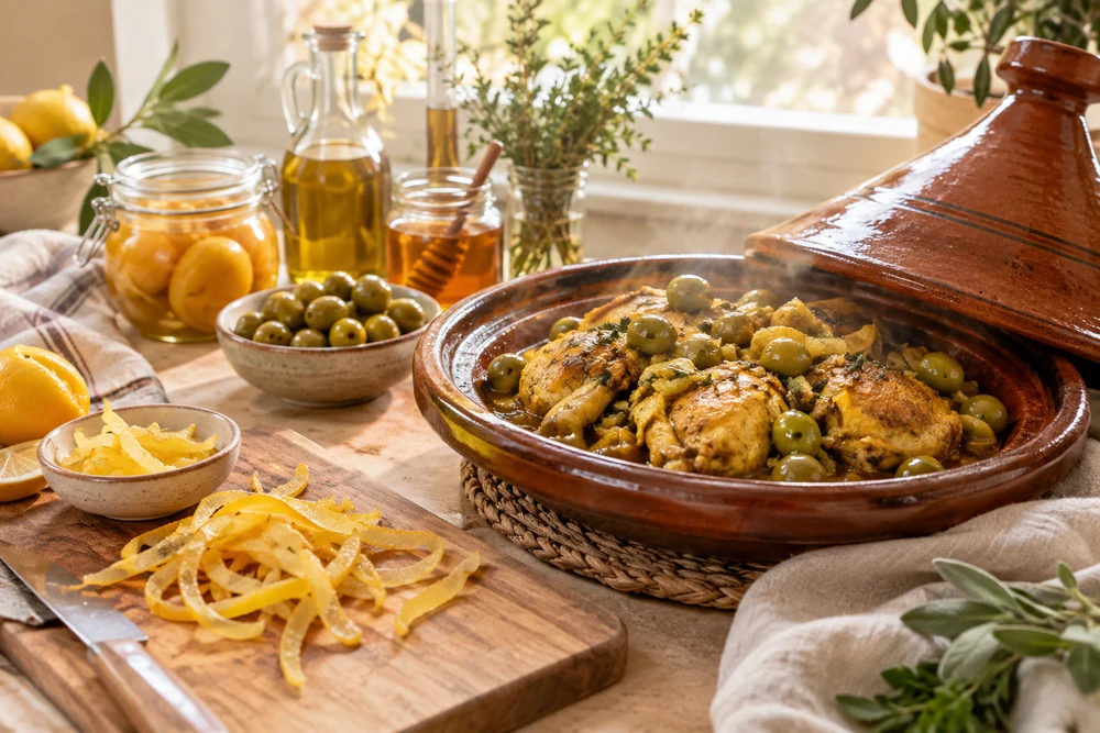 Écorce de citron confit émincée sur une planche, à côté d’un tajine de poulet aux olives