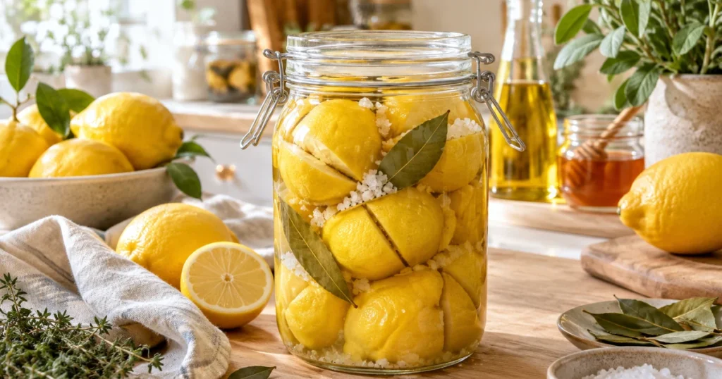 Citron confit maison au sel dans un bocal en verre, citrons entaillés en croix sous leur jus avec du laurier