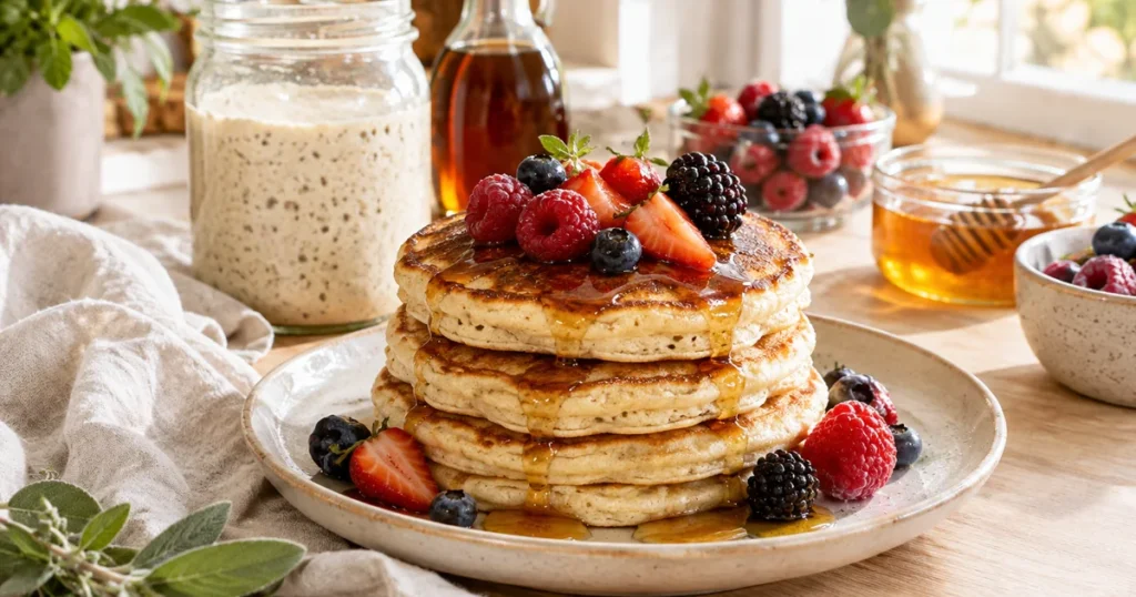 Pile de pancakes au levain moelleux nappés de sirop, avec un bocal de défausse de levain en arrière-plan