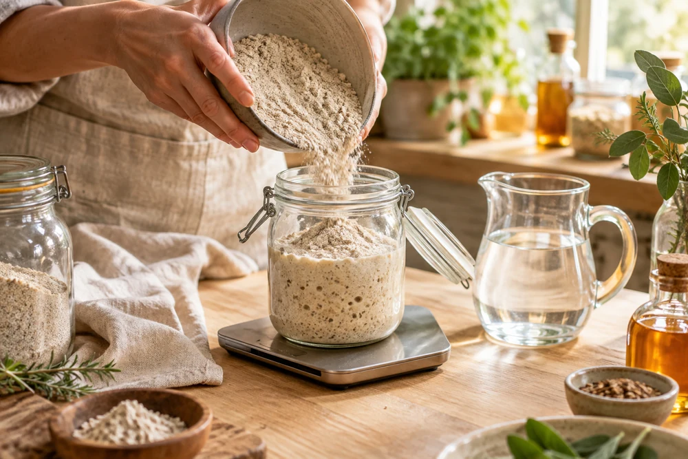 Rafraîchi d’un levain maison : farine de seigle versée dans un bocal posé sur une balance de cuisine