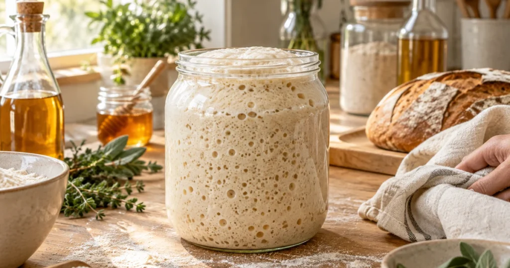 Levain maison actif plein de bulles dans un bocal en verre, avec un élastique qui marque son doublement de volume