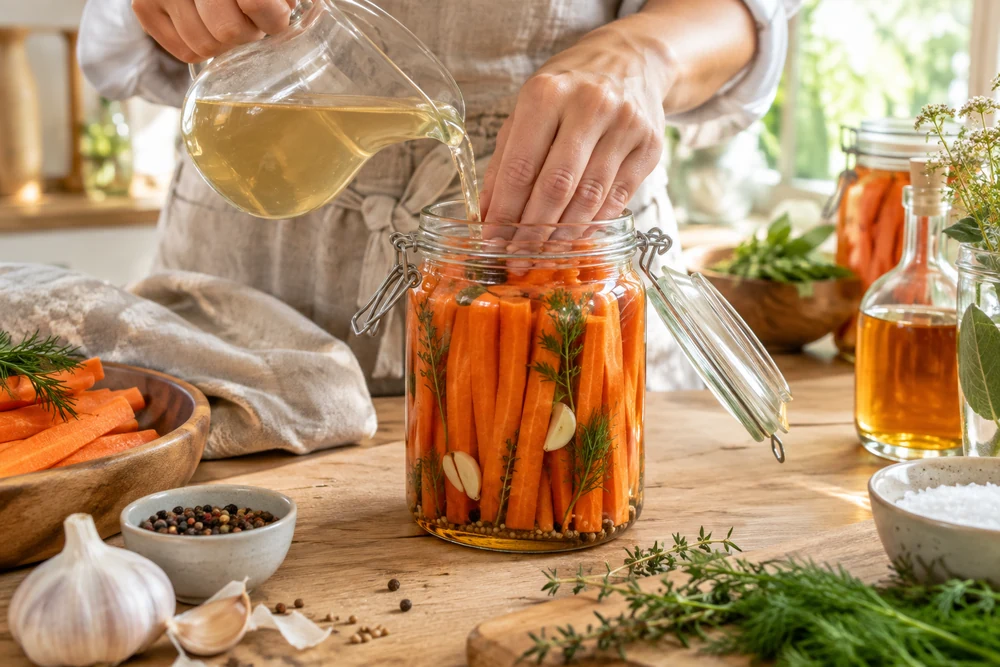 Mains tassant des carottes dans un bocal en verre pour une première lactofermentation, saumure prête à côté