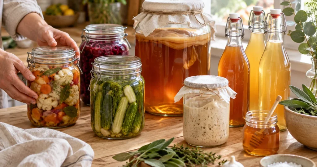 Fermentation maison : bocaux de carottes en saumure, kombucha, levain et bouteilles pétillantes sur un plan de travail
