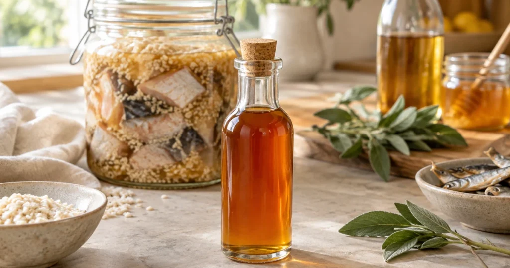 Garum maison ambré dans une bouteille en verre, devant un bocal de poisson et de koji en préparation