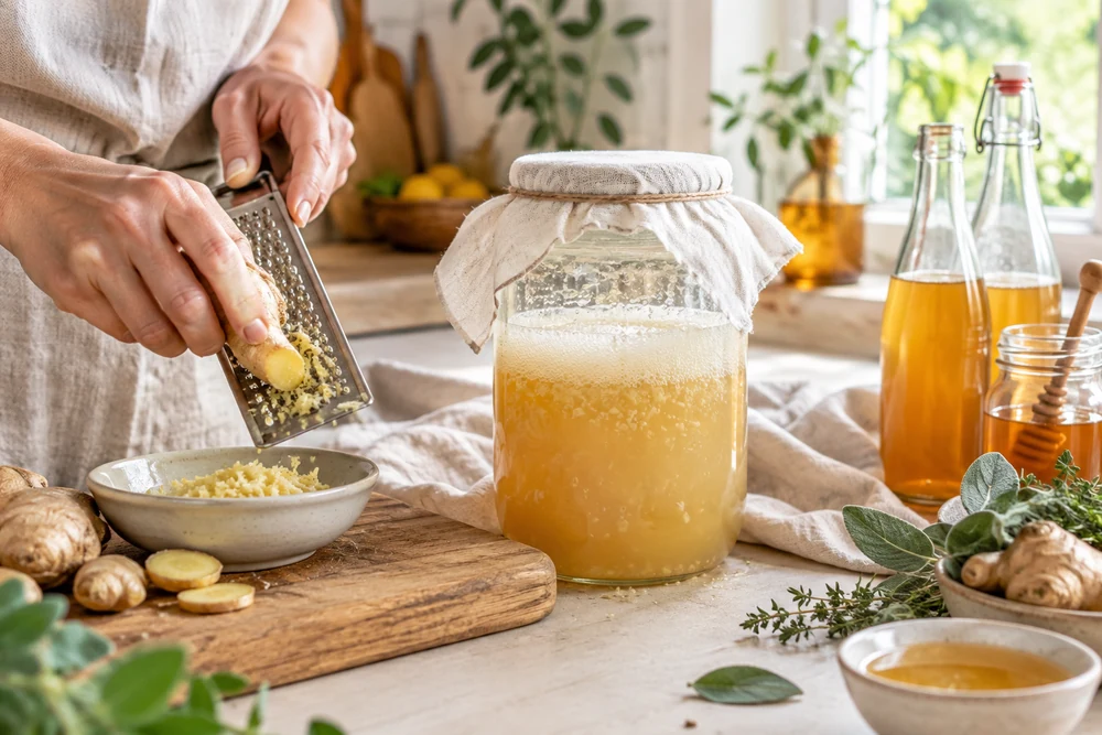 Bocal de ginger bug actif et bulleux à côté de gingembre râpé, étape de départ de la ginger beer maison