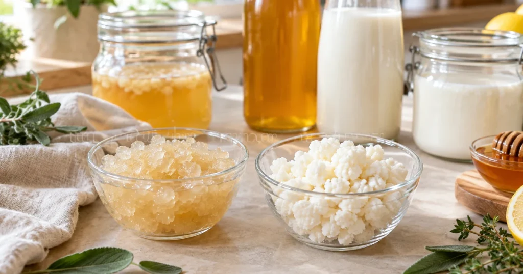 Grains de kéfir de fruits translucides et grains de kéfir de lait blancs dans deux coupelles en verre côte à côte