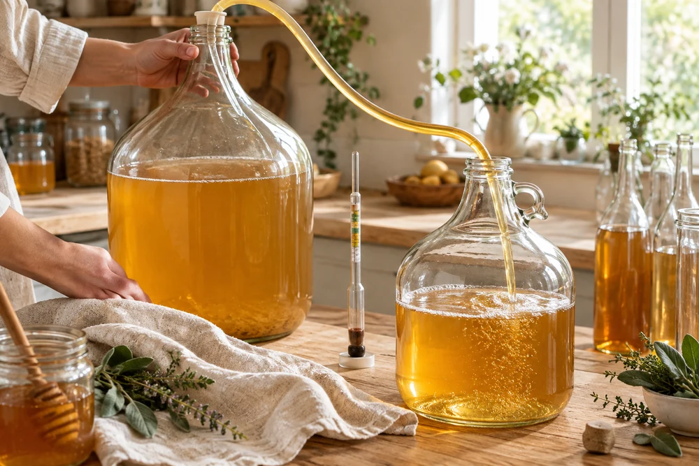 Soutirage d’un hydromel maison doré entre deux dames-jeannes avec un tuyau, densimètre posé sur le plan de travail