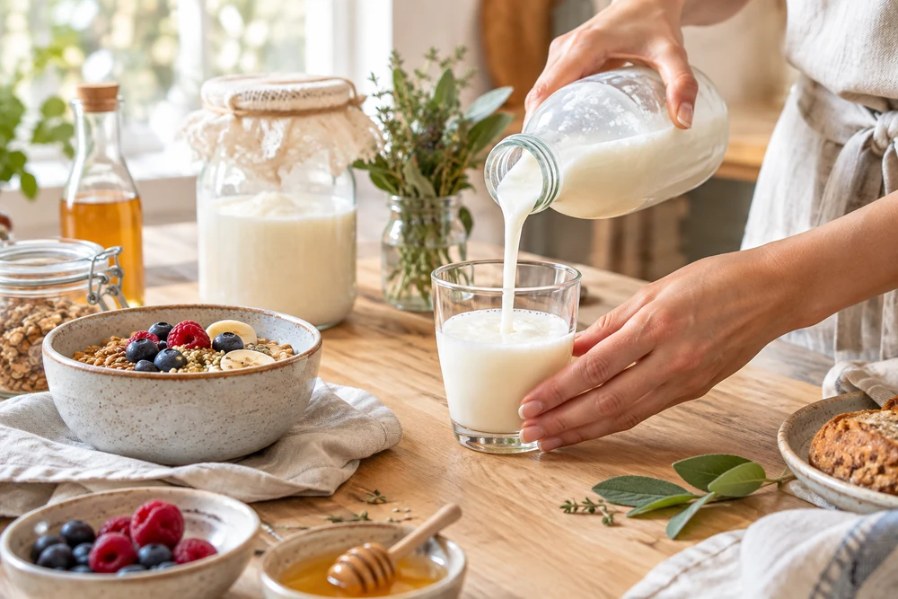 Mains versant du kéfir de lait maison dans un petit verre sur une table de petit-déjeuner