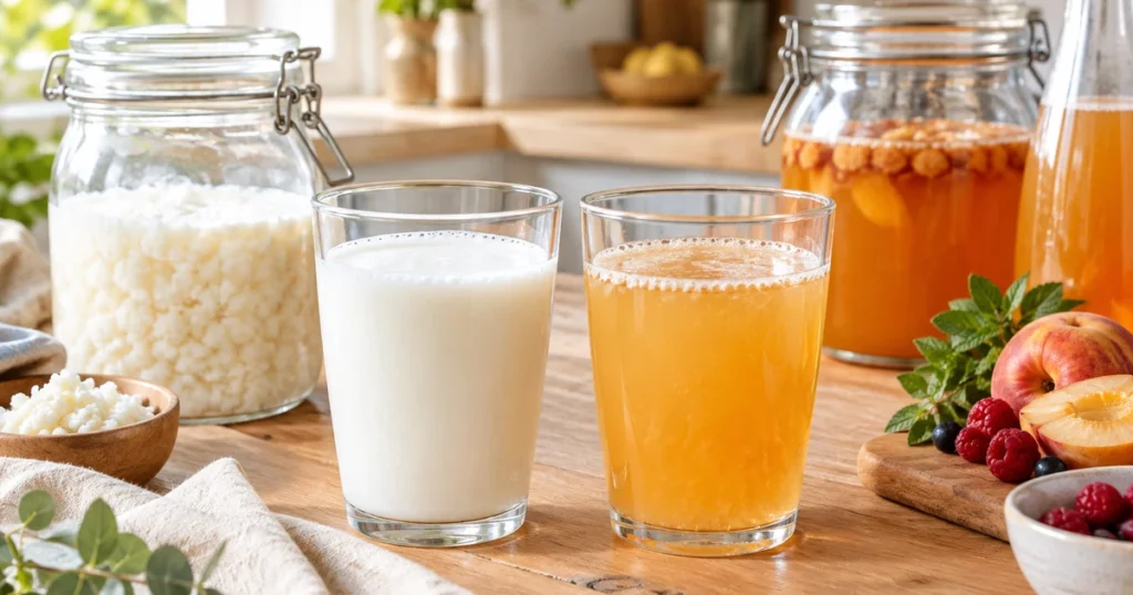 Kéfir bienfaits : verre de kéfir de lait et verre de kéfir de fruits sur une table en bois, bocaux en fond