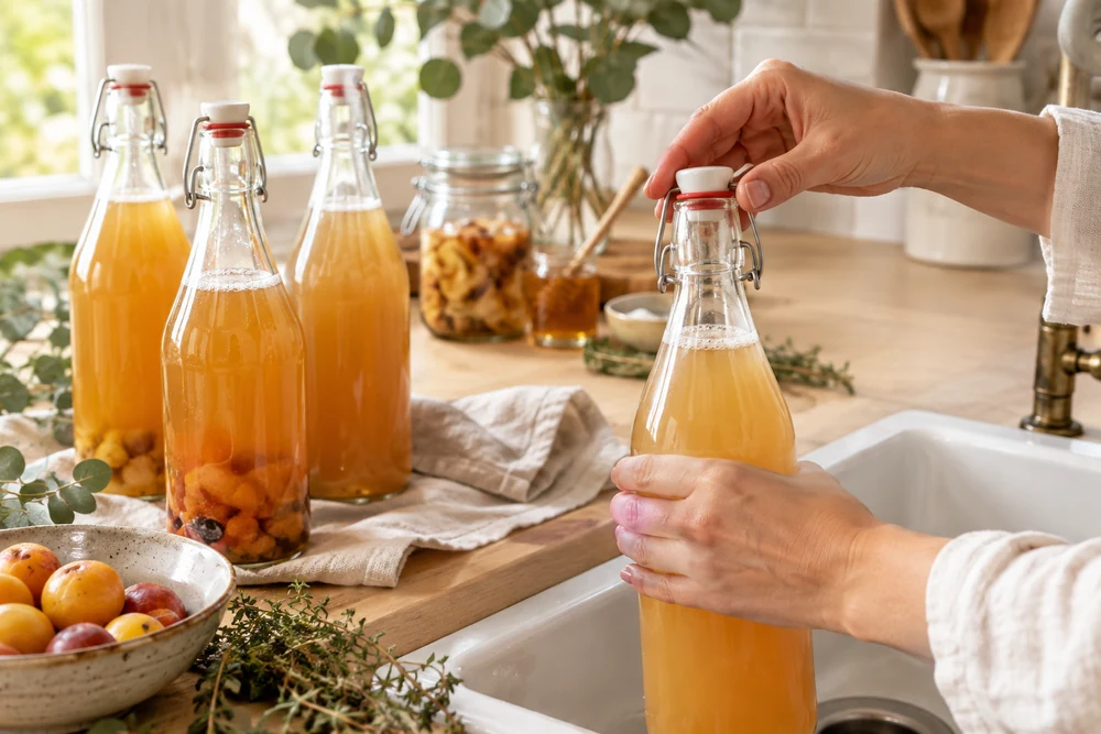 Dégazage d’une bouteille de kéfir de fruits à bouchon mécanique au-dessus de l’évier pour éviter une surpression