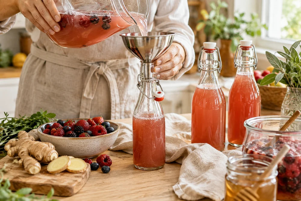 Mise en bouteille du kéfir de fruits pour la seconde fermentation, avec gingembre et fruits rouges pour l’aromatiser