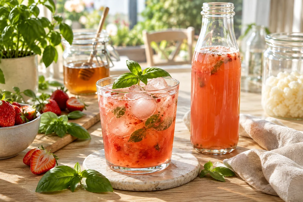 Verre de kéfir fraise-basilic pétillant servi sur glaçons à côté d’une bouteille à bouchon mécanique