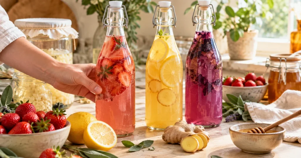 Kéfir de fruits recettes : bouteilles de kéfir aromatisé aux fraises, au citron et au gingembre sur un plan de travail
