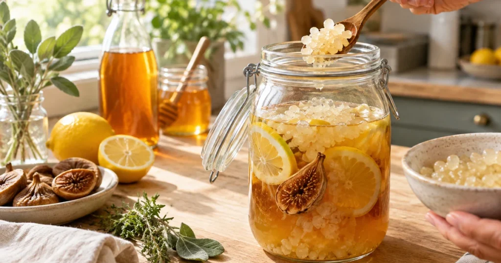 Kéfir de fruits maison en fermentation dans un bocal en verre avec grains, figue sèche et rondelles de citron