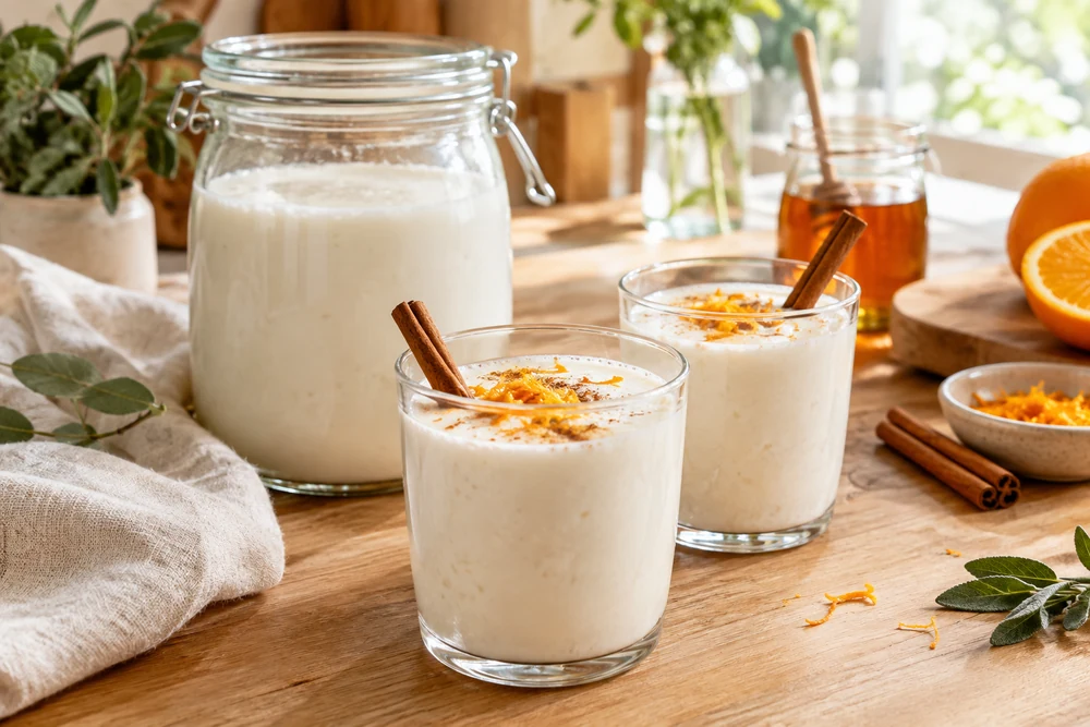 Verres de kéfir de lait aromatisé à l’orange et à la cannelle après une seconde fermentation, bocal en arrière-plan