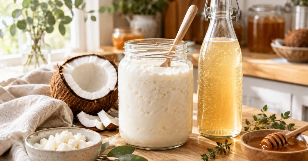 Kéfir sans lait : bocal de kéfir de lait de coco crémeux près d’une noix de coco ouverte et d’une bouteille de kéfir d’eau
