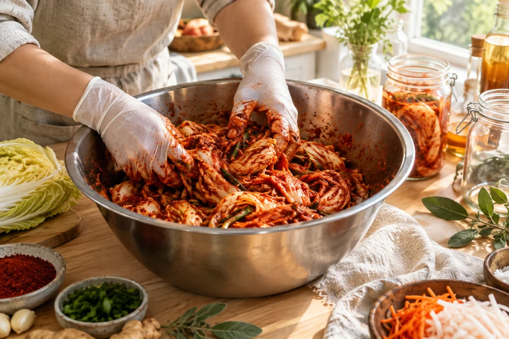 Mains gantées mélangeant le chou chinois et la pâte au gochugaru dans un saladier pour une recette de kimchi