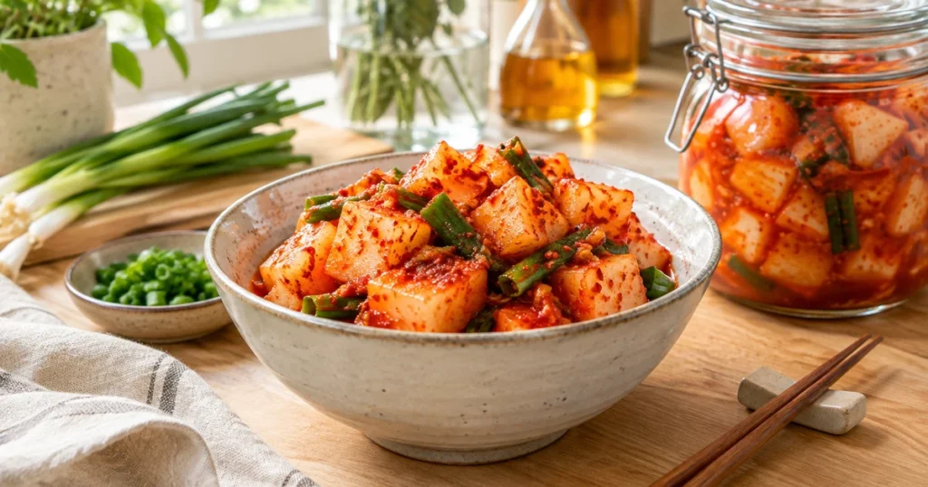 Kimchi radis kkakdugi maison dans un bol, cubes de daikon enrobés de pâte de piment rouge et oignons verts