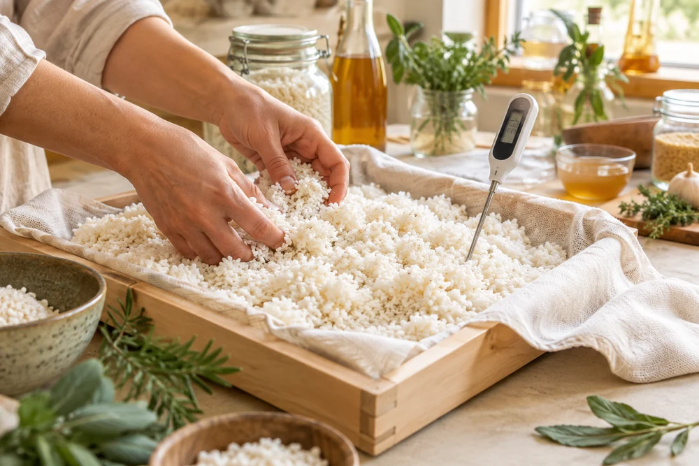 Mains émiettant un koji de riz en culture sur un plateau avec un thermomètre à sonde planté dans le riz