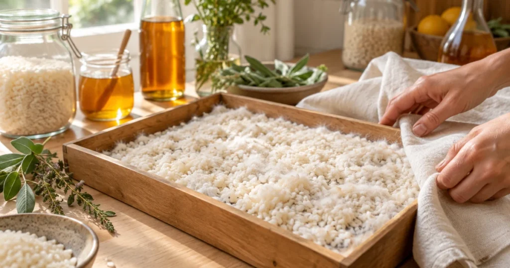 Koji de riz maison sur un plateau en bois, grains couverts d’un duvet blanc d’Aspergillus oryzae