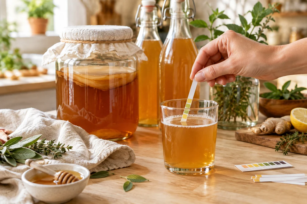 Bandelette pH plongée dans un petit verre de kombucha maison pour contrôler son acidité