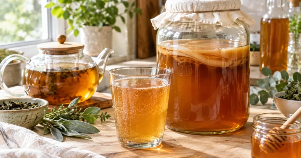 Kombucha bienfaits : verre de kombucha ambré pétillant devant un bocal de fermentation et une théière