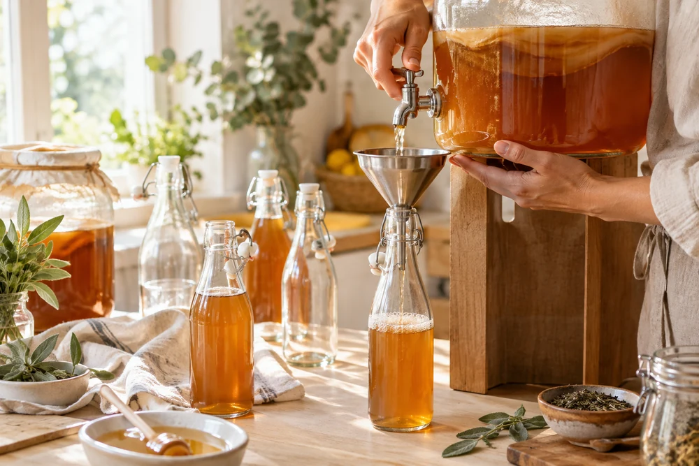 Soutirage du kombucha maison depuis un bocal à robinet vers une bouteille en verre avec un entonnoir