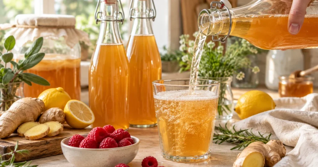 Kombucha gingembre pétillant dans un verre, bouteilles à bouchon mécanique, gingembre frais, citron et framboises