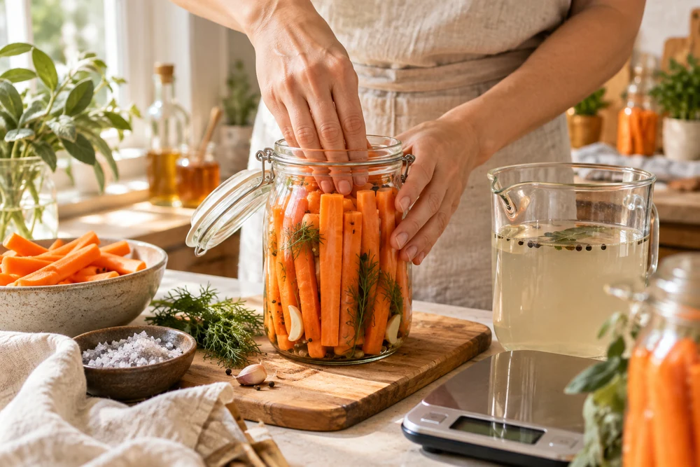 Mains tassant des bâtonnets de carottes dans un bocal pour une lactofermentation, avec une balance et du sel gris