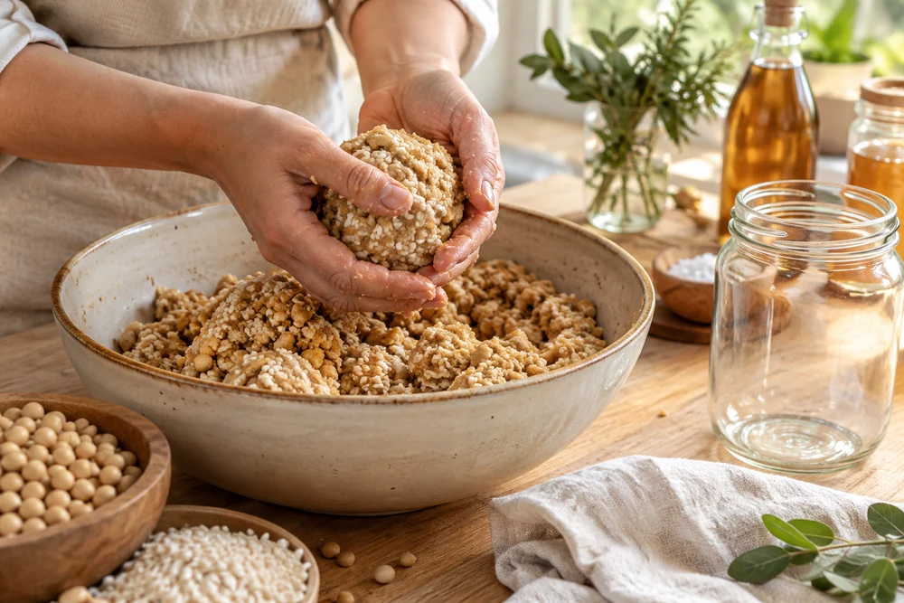Mains formant des boules de soja et de koji dans un saladier pour préparer une pâte miso maison
