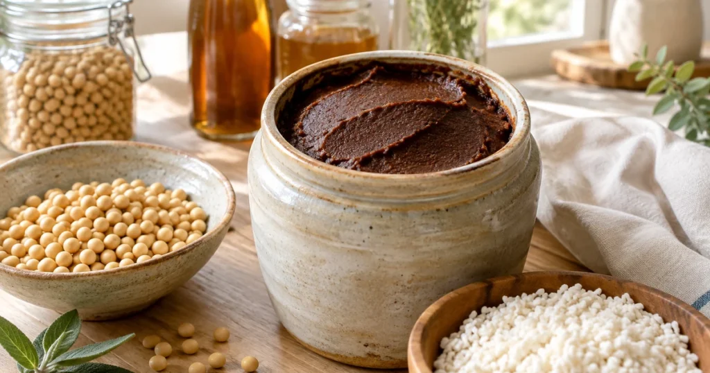 Pâte miso maison rouge dans un pot en grès, à côté d’un bol de soja jaune et d’un bol de koji de riz