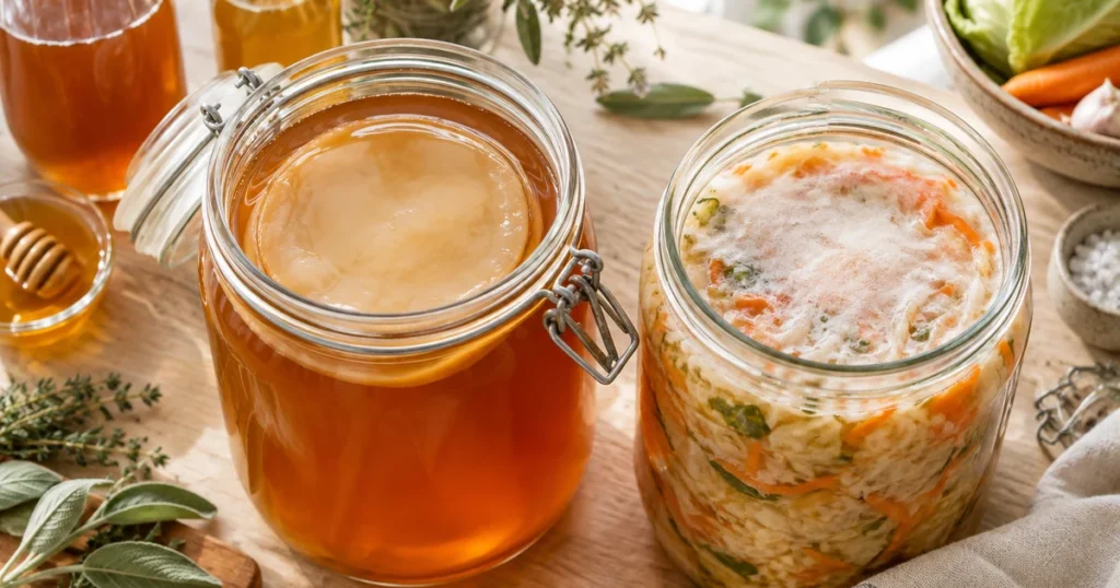 Kombucha moisissure ou non : SCOBY sain et lisse vu de dessus à côté d’un bocal de légumes avec voile de levure kahm