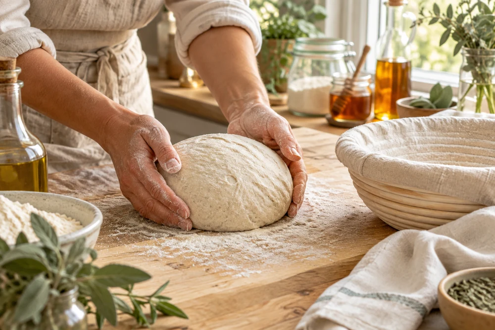 Façonnage d’un pain au levain : boule de pâte tendue à la main avant sa mise en banneton