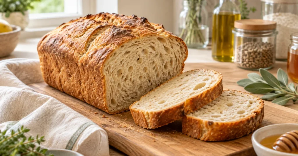 Pain au levain sans pétrissage cuit en moule, croûte dorée et tranches à la mie alvéolée sur une planche